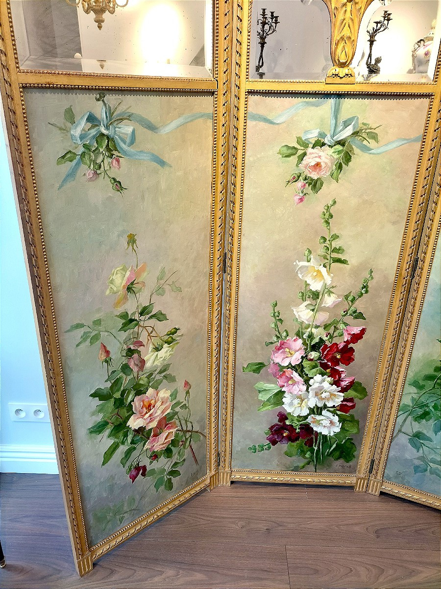 Important paravent en bois doré et huile sur toile peinte Epoque Napoléon III -photo-5