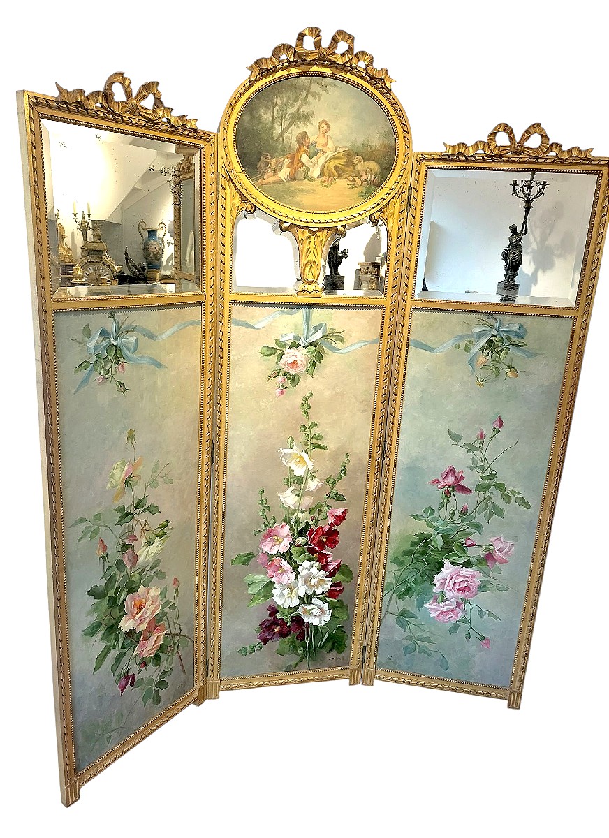 Important paravent en bois doré et huile sur toile peinte Epoque Napoléon III -photo-6