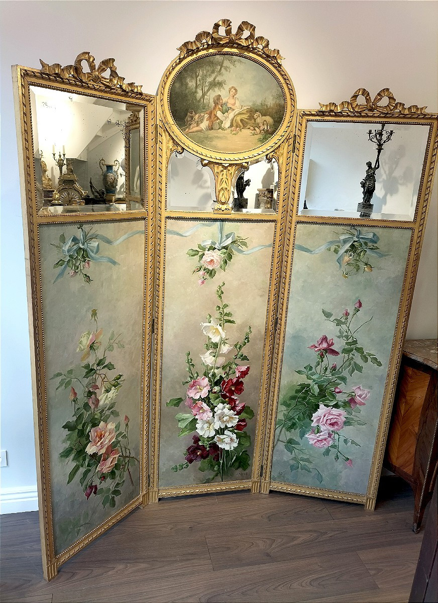 Important paravent en bois doré et huile sur toile peinte Epoque Napoléon III 
