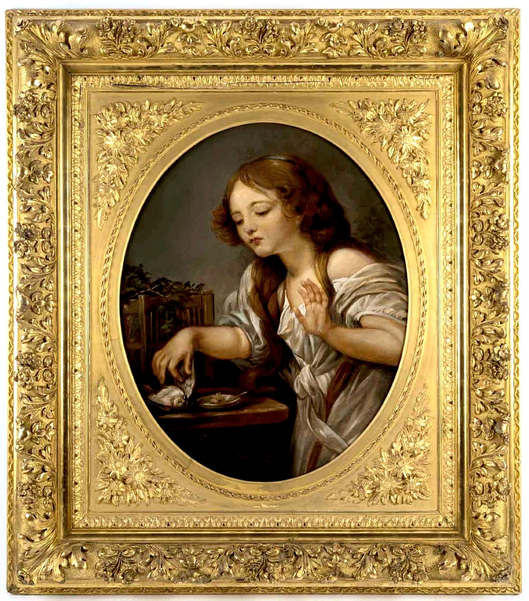 Huile sur toile d'après Jean Baptiste Greuze important cadre en bois doré 19ème siècle -photo-2