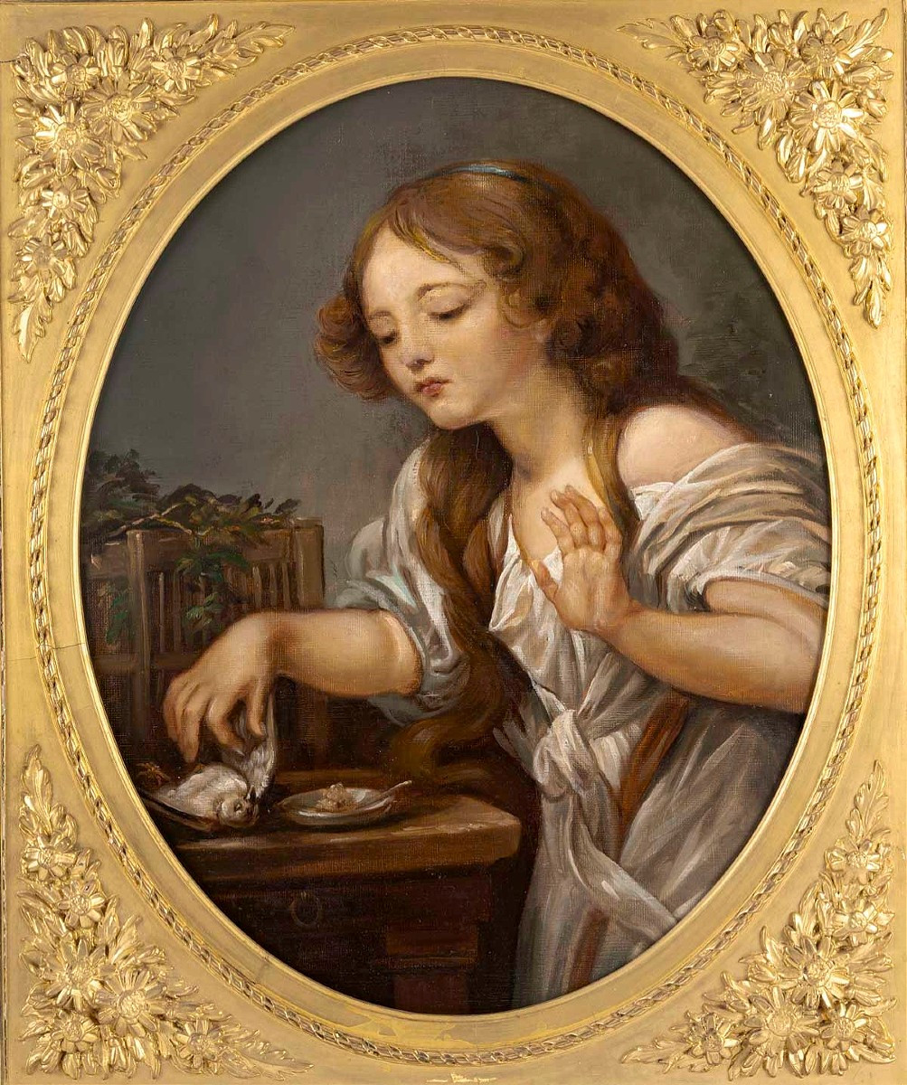 Huile sur toile d'après Jean Baptiste Greuze important cadre en bois doré 19ème siècle -photo-3