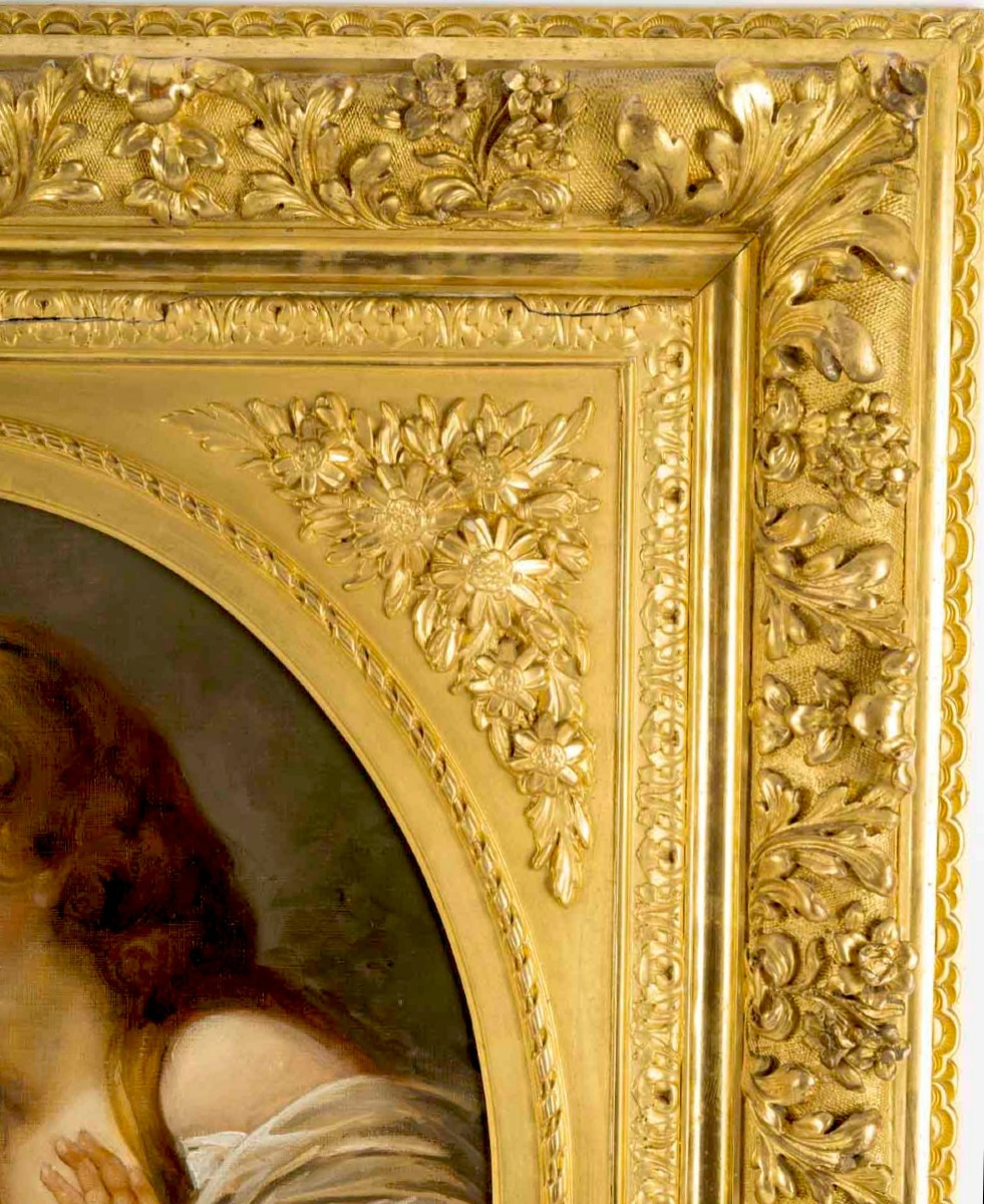 Huile sur toile d'après Jean Baptiste Greuze important cadre en bois doré 19ème siècle -photo-4