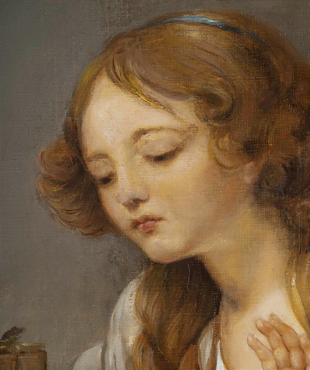 Huile sur toile d'après Jean Baptiste Greuze important cadre en bois doré 19ème siècle -photo-1