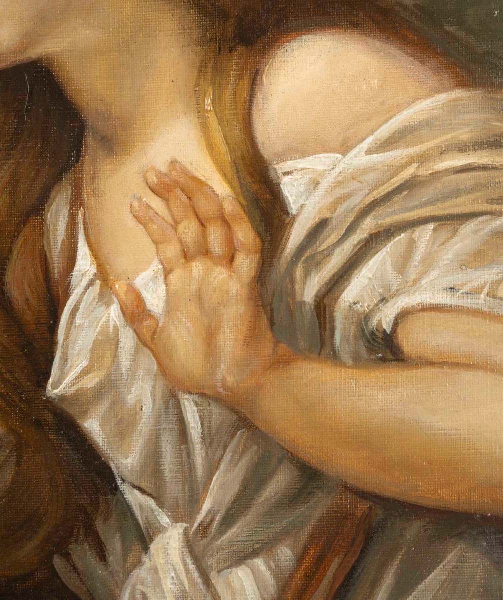 Huile sur toile d'après Jean Baptiste Greuze important cadre en bois doré 19ème siècle -photo-3