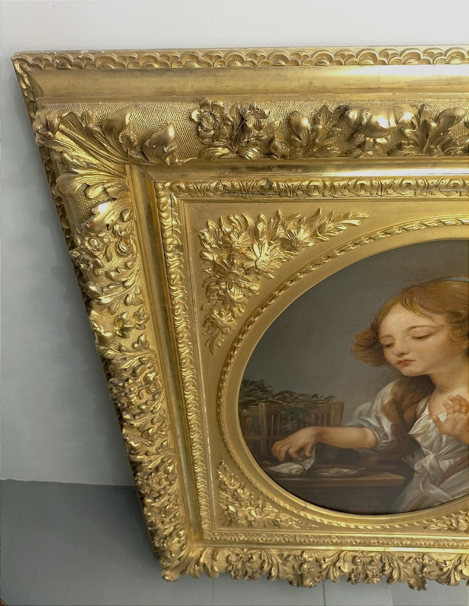 Huile sur toile d'après Jean Baptiste Greuze important cadre en bois doré 19ème siècle -photo-4