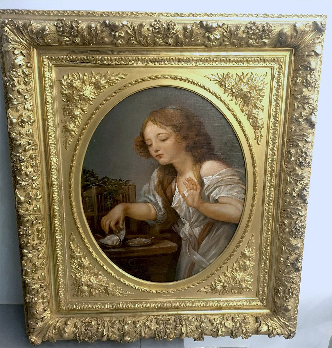Huile sur toile d'après Jean Baptiste Greuze important cadre en bois doré 19ème siècle 