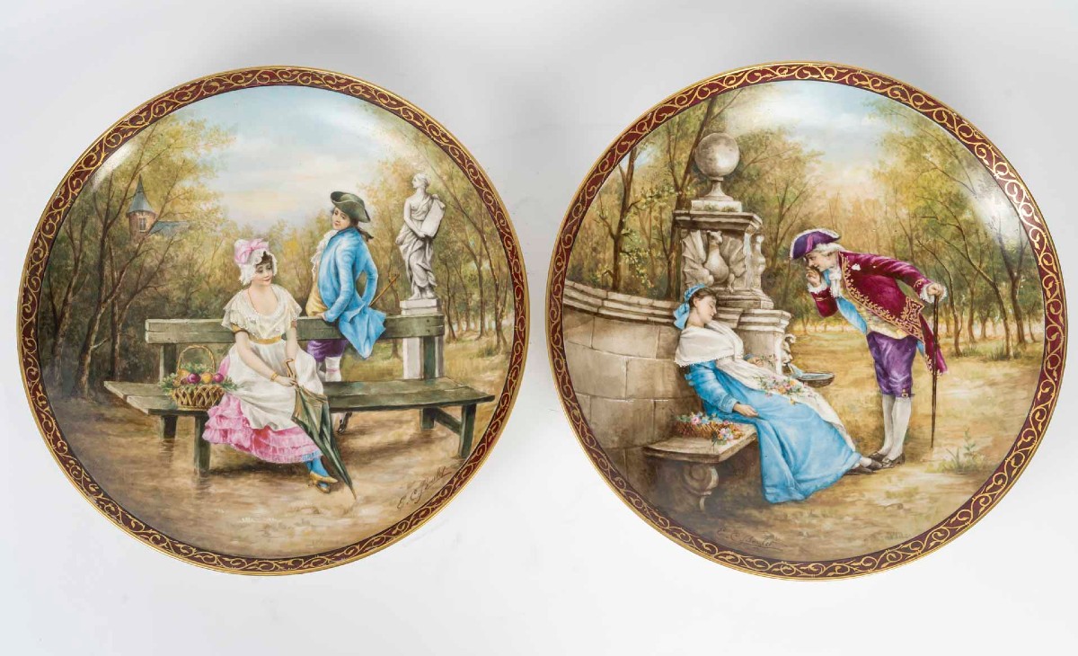 Pair Of Large Limoges Painted Porcelain Platters By William Guerin 19th Century 
