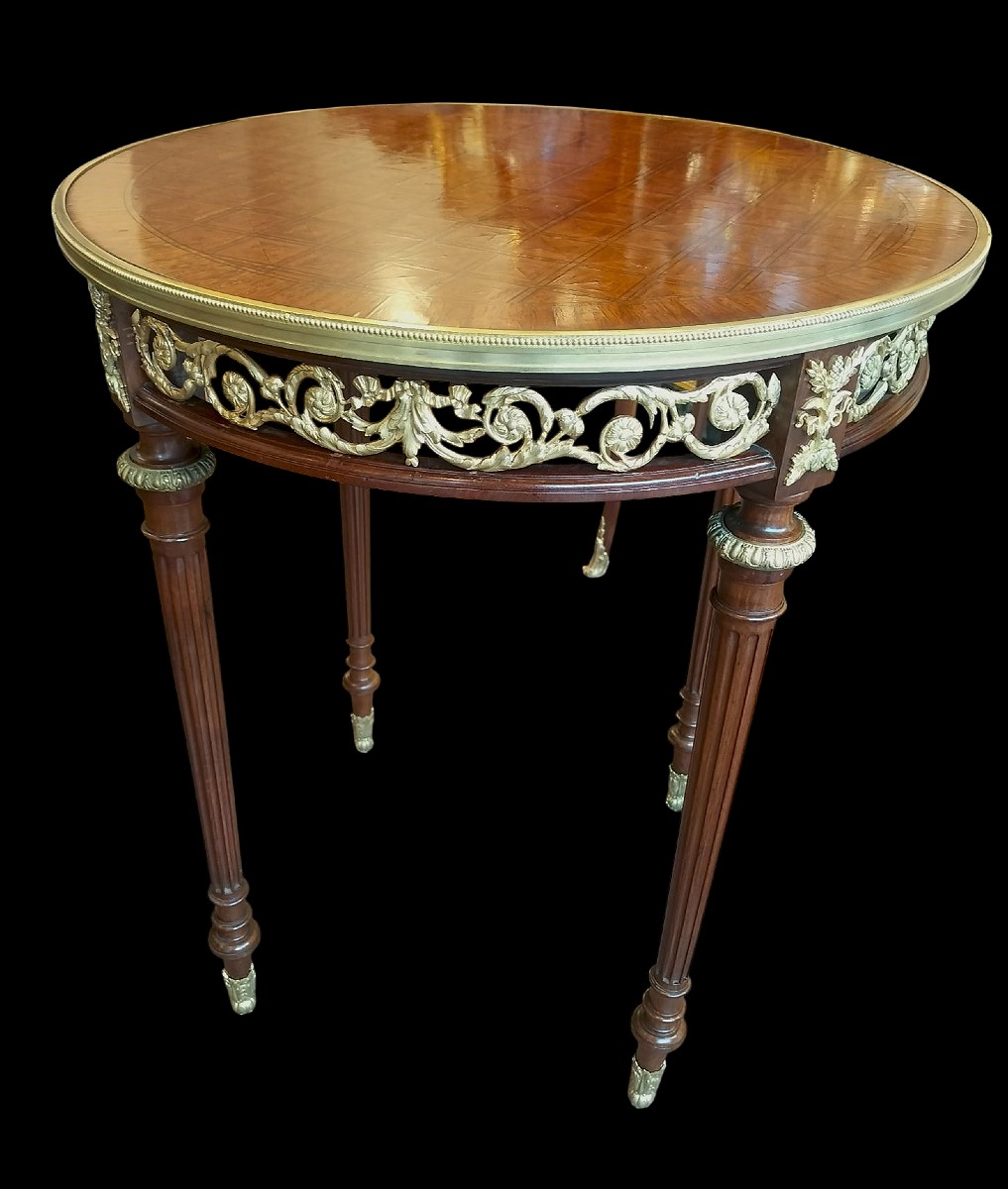 Guéridon en marqueterie et bronze doré style Louis XVI -photo-2