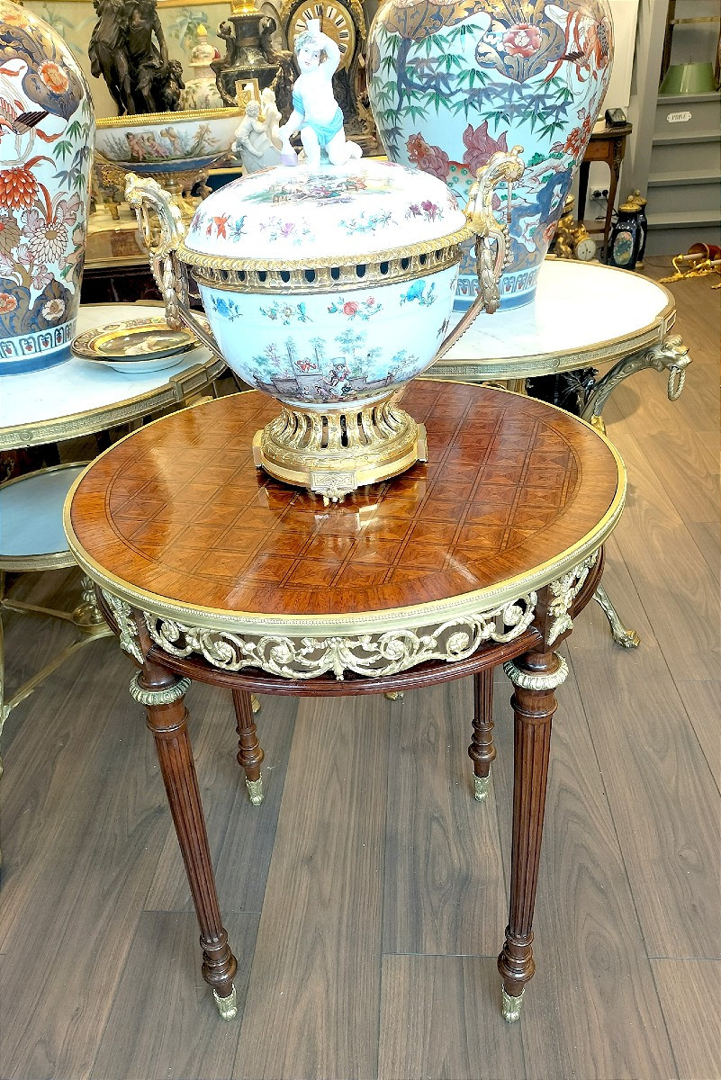 Guéridon en marqueterie et bronze doré style Louis XVI -photo-3