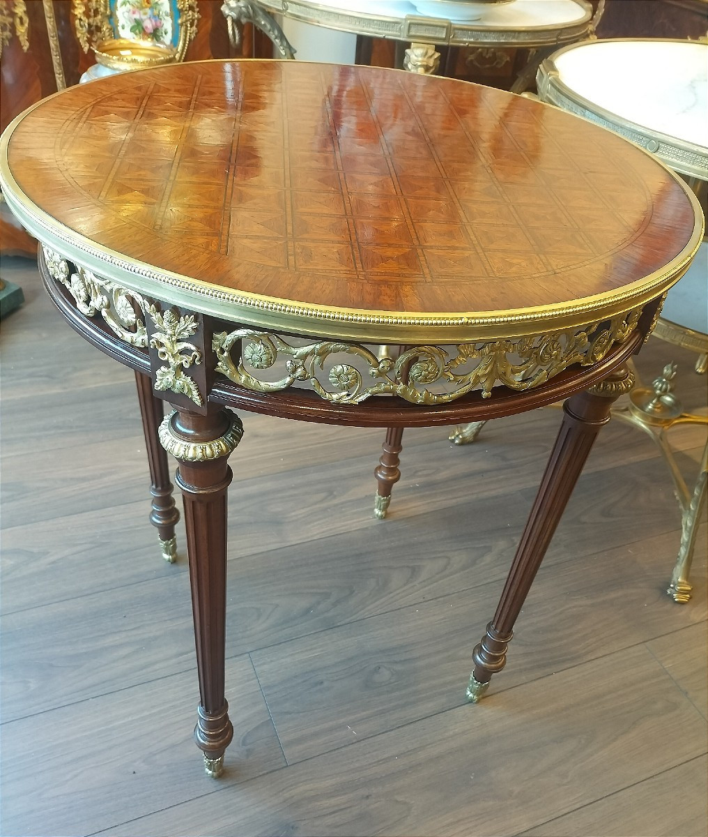 Guéridon en marqueterie et bronze doré style Louis XVI -photo-4