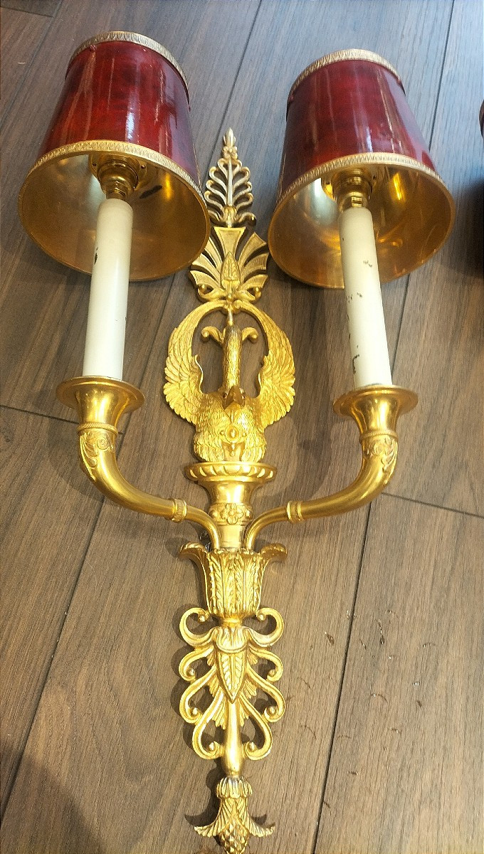 Rare suite de 4 appliques en bronze doré style Empire -photo-3