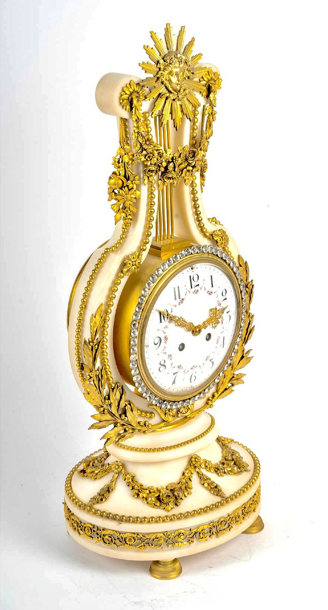 Importante pendule lyre en bronze doré et marbre blanc 19ème siècle -photo-2