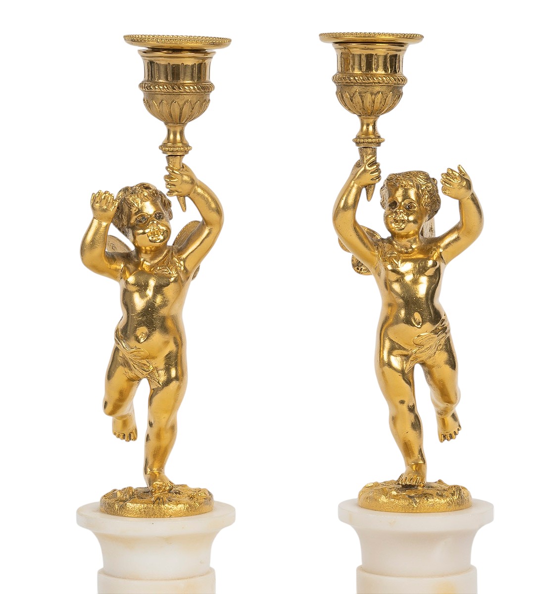 Pair Of 19th-century Gilt Bronze And White Marble Candlesticks -photo-3