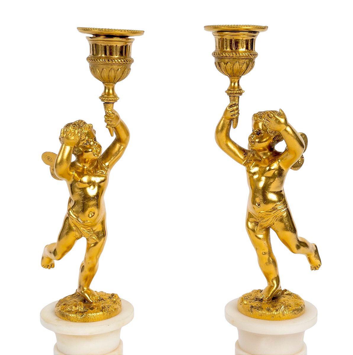 Pair Of 19th-century Gilt Bronze And White Marble Candlesticks -photo-1