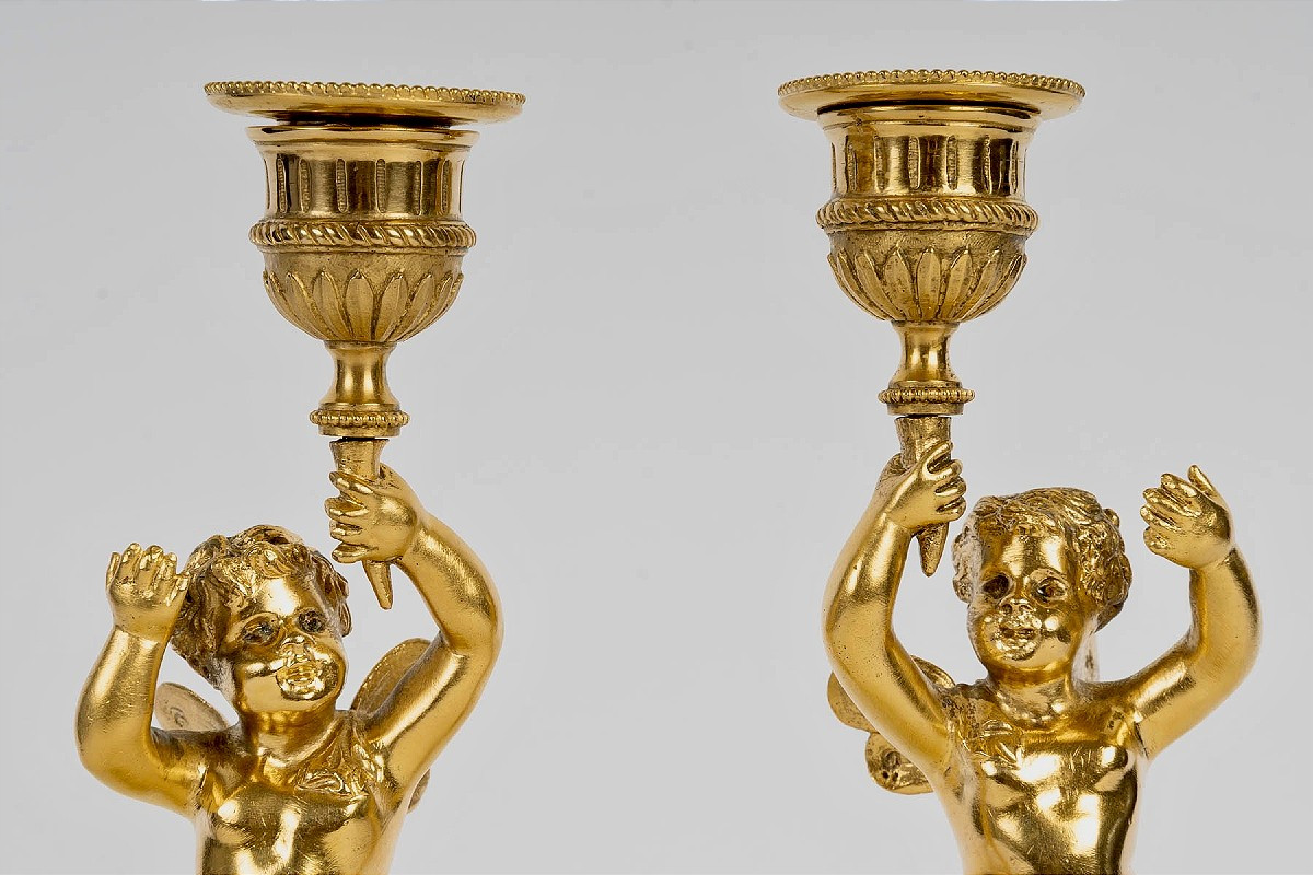 Pair Of 19th-century Gilt Bronze And White Marble Candlesticks -photo-5