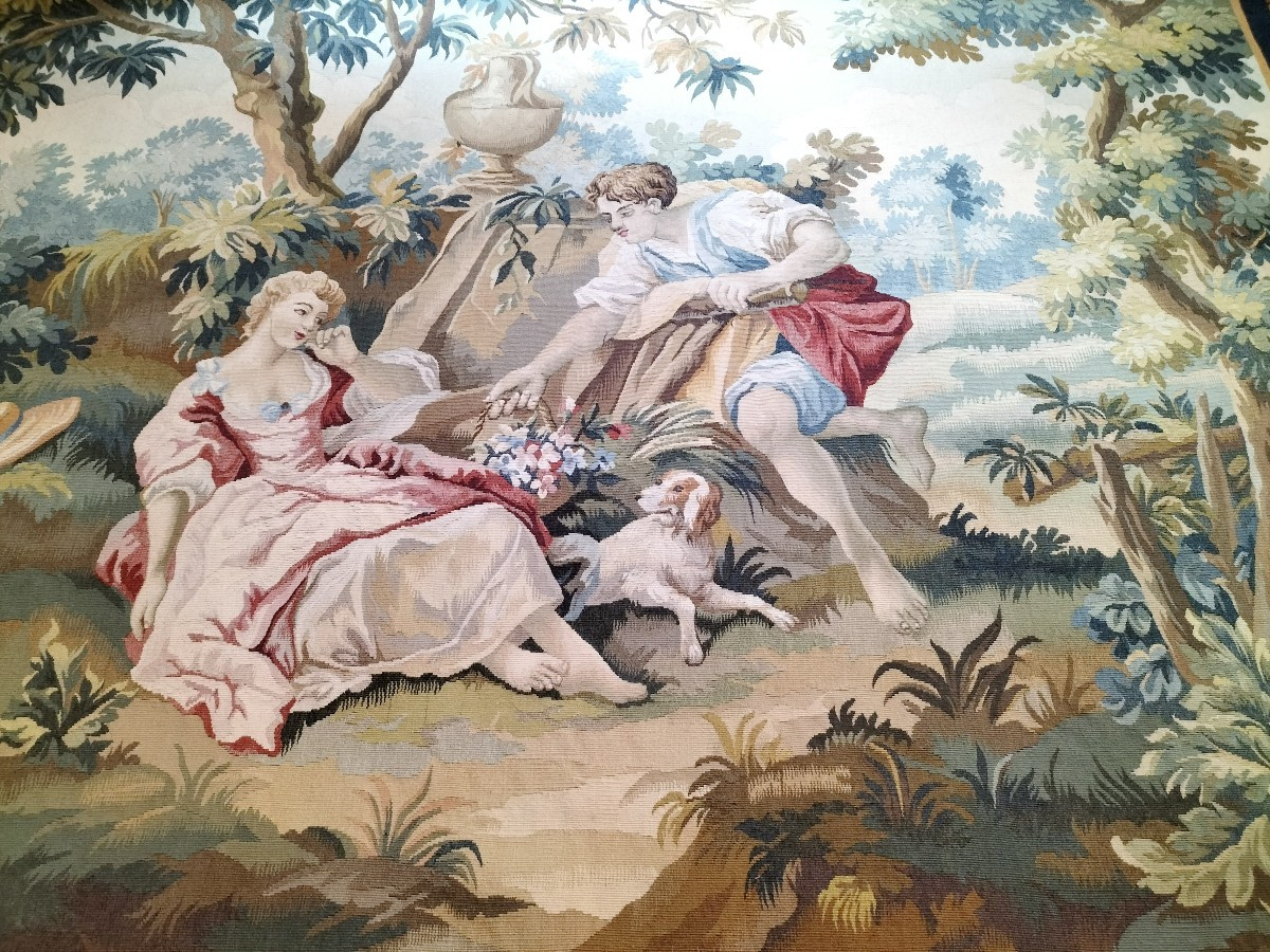 Aubusson Tapestry Depicting A Gallant Scene After François Boucher -photo-3
