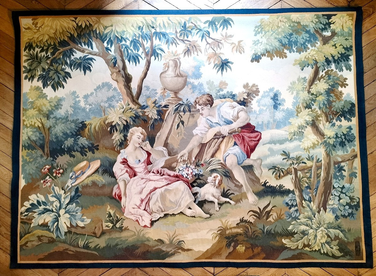 Aubusson Tapestry Depicting A Gallant Scene After François Boucher 
