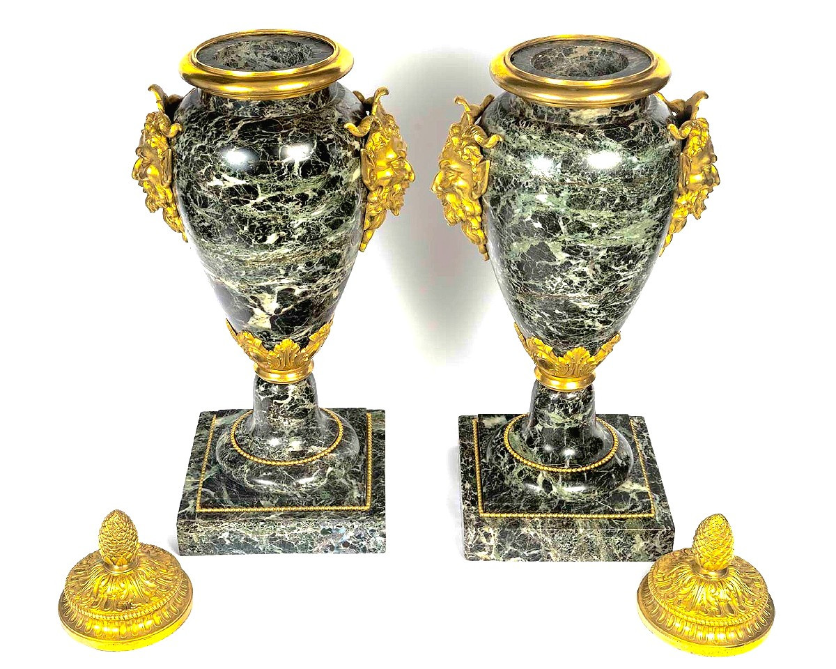 Paire d'importantes cassolettes en marbre vert de mer et bronze doré -photo-3