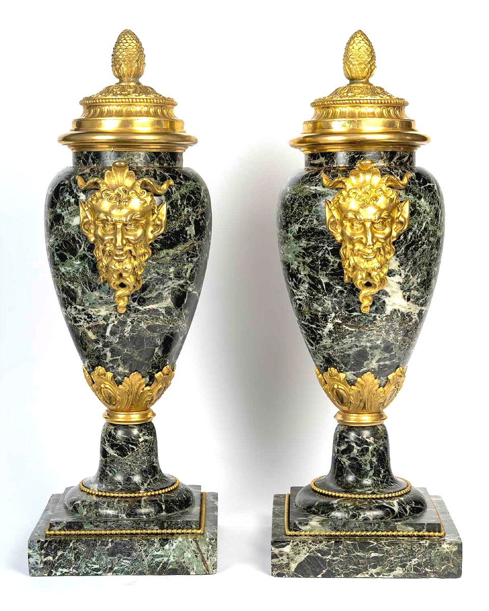 Paire d'importantes cassolettes en marbre vert de mer et bronze doré -photo-5