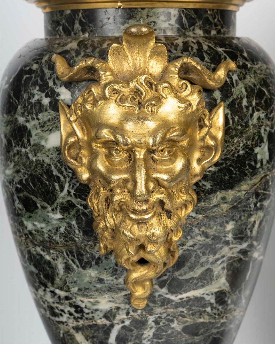 Paire d'importantes cassolettes en marbre vert de mer et bronze doré -photo-7