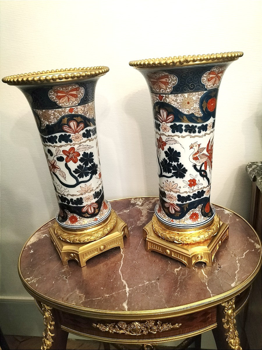 Pair Of Japanese Imari Porcelain Vases With Gilt Bronze Mounts, 19th Century -photo-3
