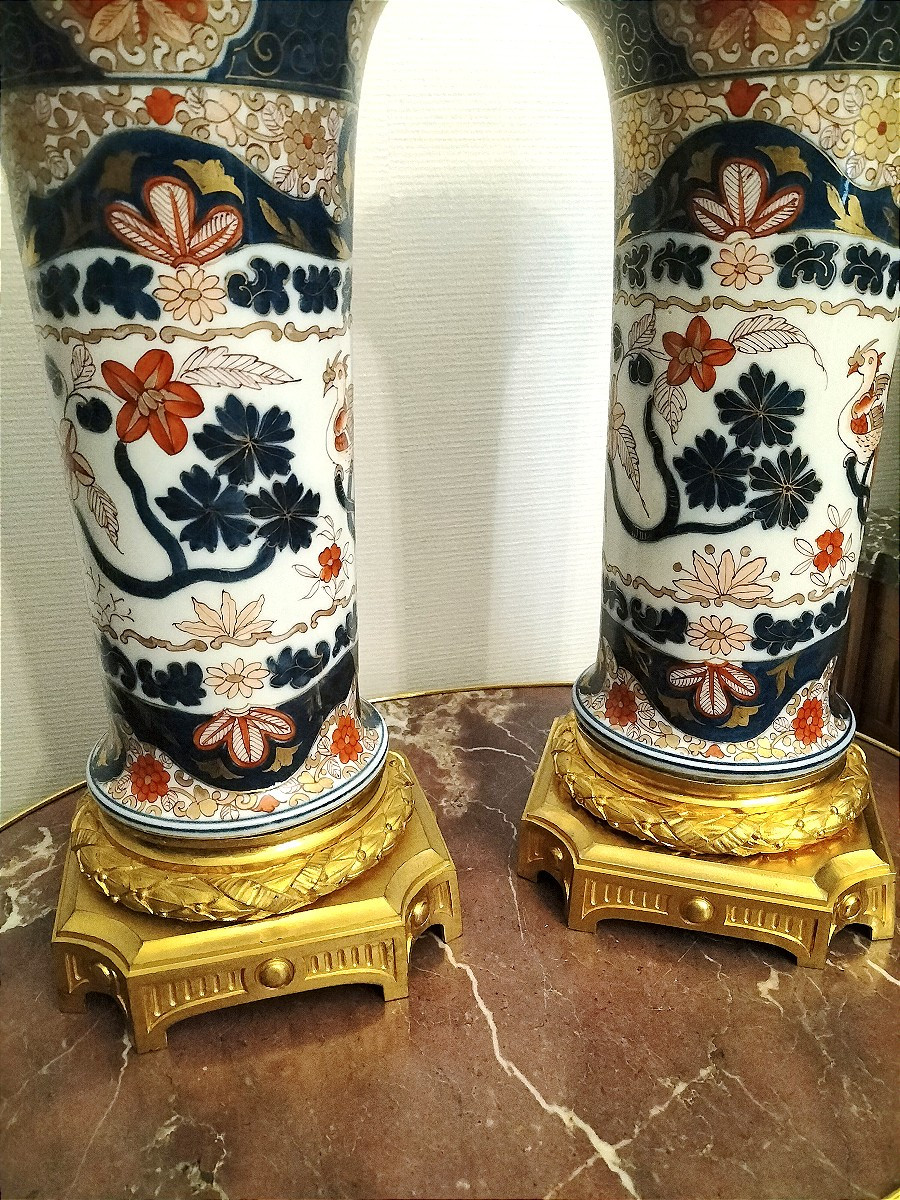 Pair Of Japanese Imari Porcelain Vases With Gilt Bronze Mounts, 19th Century -photo-2