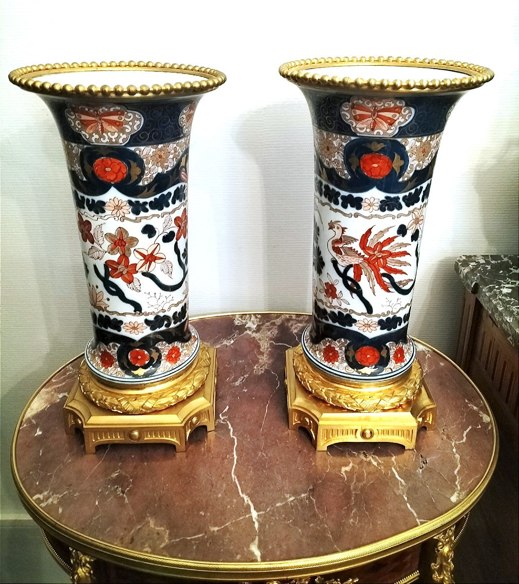 Pair Of Japanese Imari Porcelain Vases With Gilt Bronze Mounts, 19th Century 
