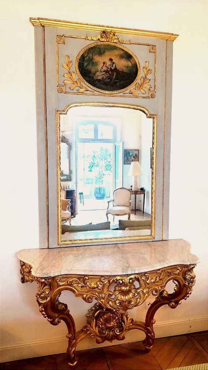 Gilt And Painted Wooden Trumeau, 19th Century -photo-2