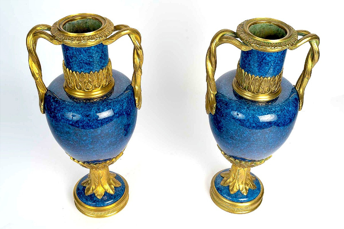 Paire de vases porcelaine et bronze doré attribué à Paul Millet Sèvres -photo-3