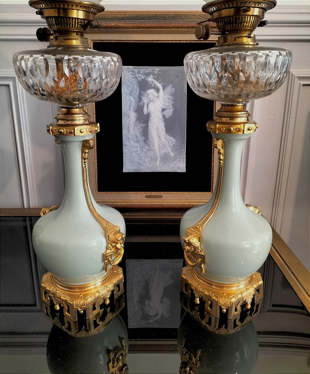 Paire de lampe en porcelaine céladon et bronze doré Époque Napoléon III -photo-2