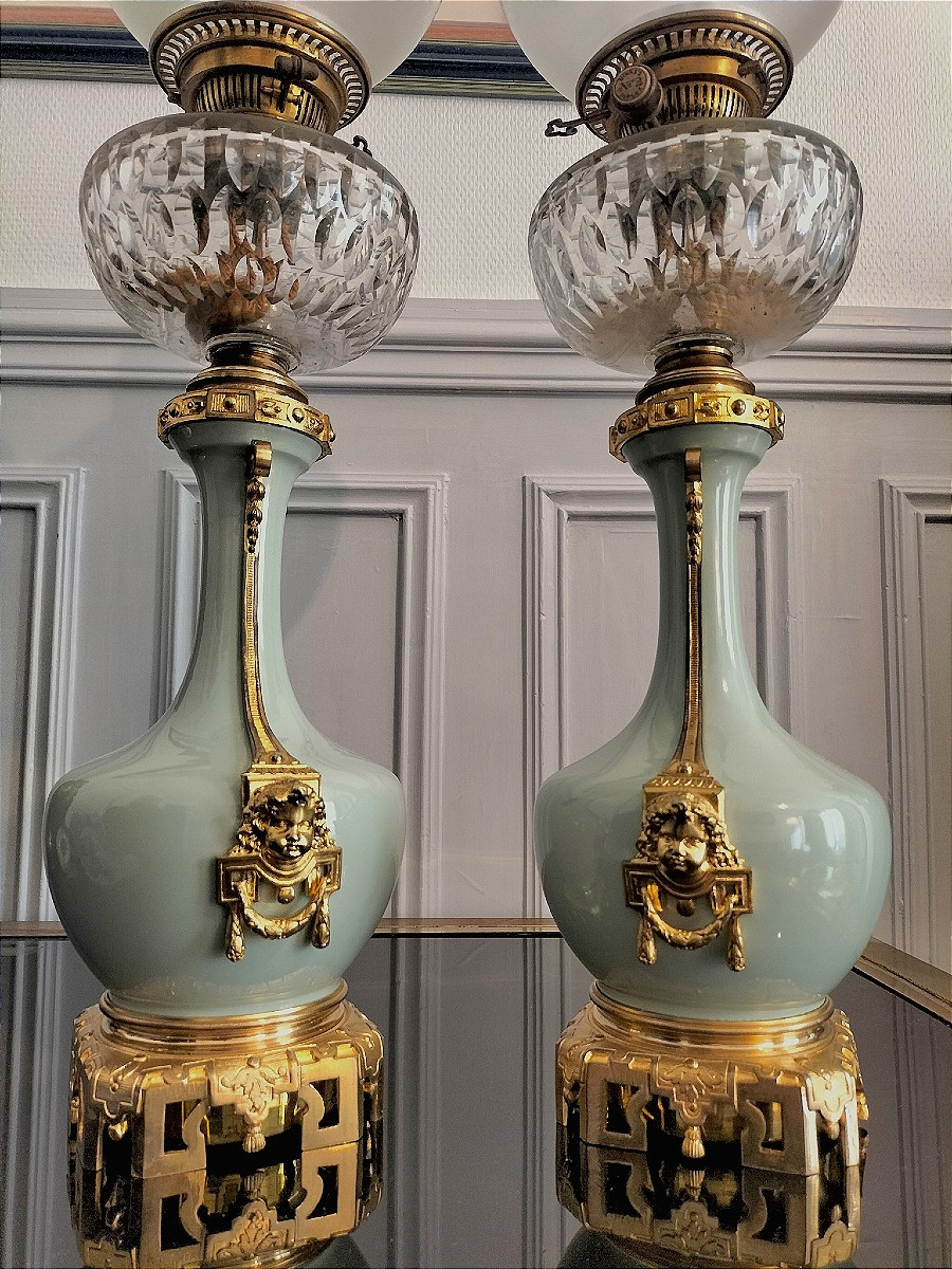 Paire de lampe en porcelaine céladon et bronze doré Époque Napoléon III -photo-3
