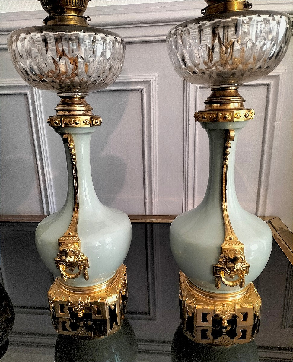 Paire de lampe en porcelaine céladon et bronze doré Époque Napoléon III -photo-4