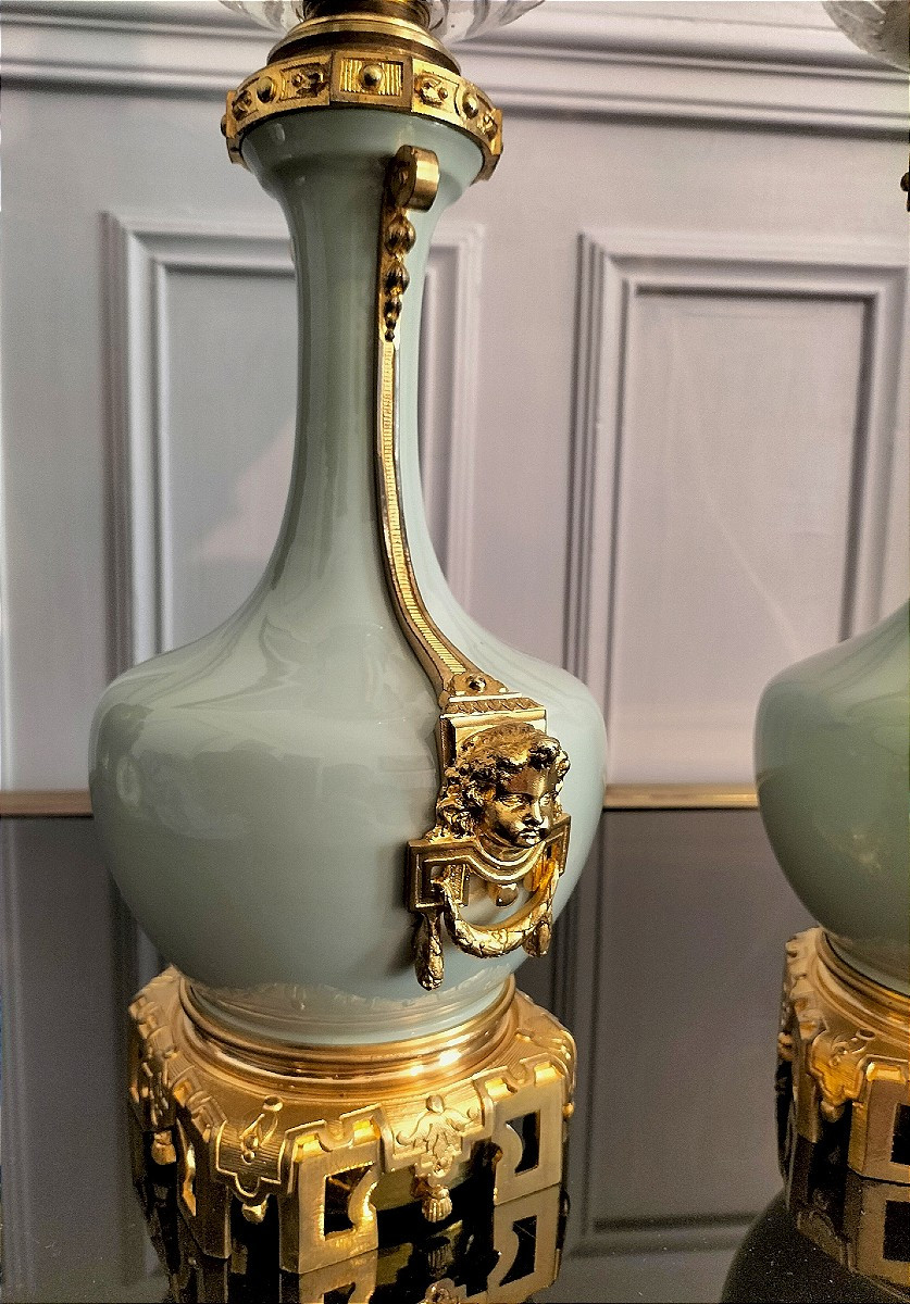 Paire de lampe en porcelaine céladon et bronze doré Époque Napoléon III -photo-1