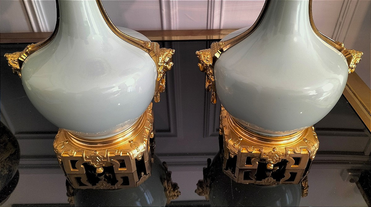 Paire de lampe en porcelaine céladon et bronze doré Époque Napoléon III -photo-6