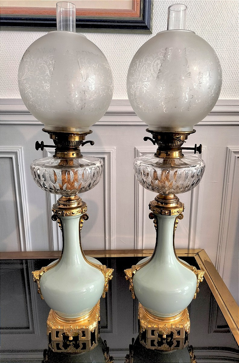 Paire de lampe en porcelaine céladon et bronze doré Époque Napoléon III 