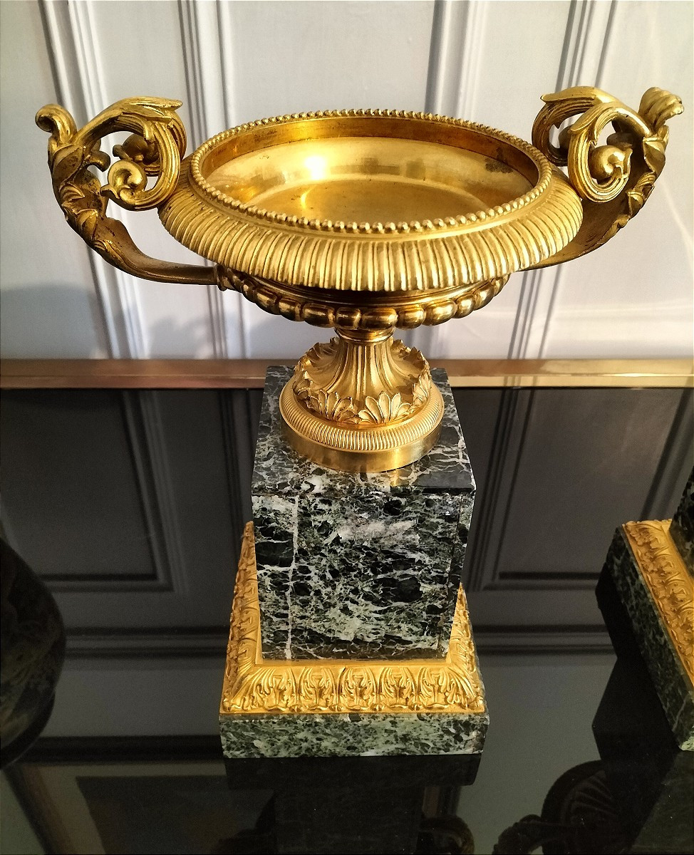 Paire de coupe tazza en bronze doré style Empire Charles X-photo-1