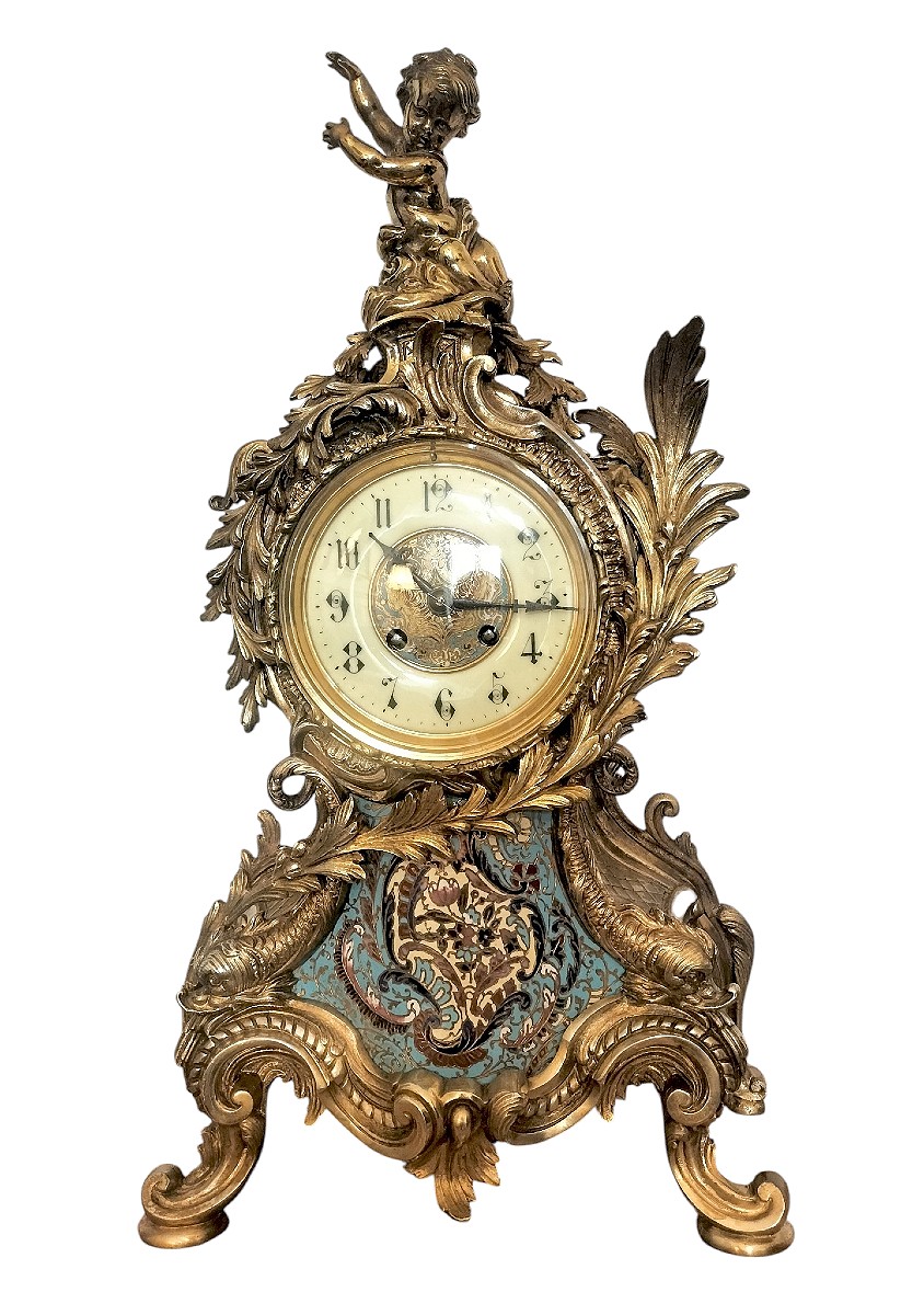 Rocaille Clock In Gilt Bronze And Cloisonné-photo-2