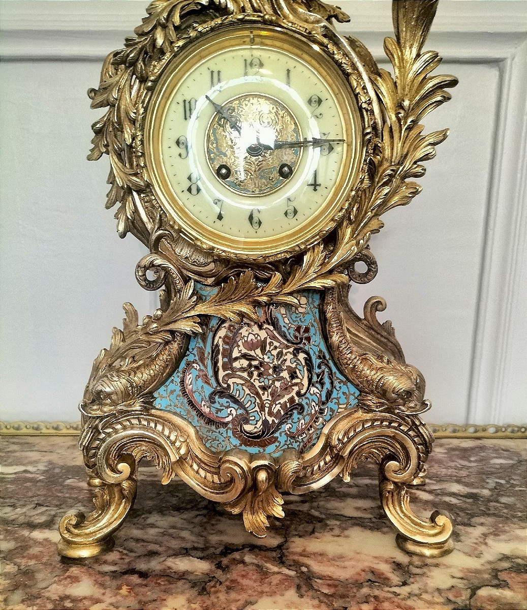 Rocaille Clock In Gilt Bronze And Cloisonné-photo-3