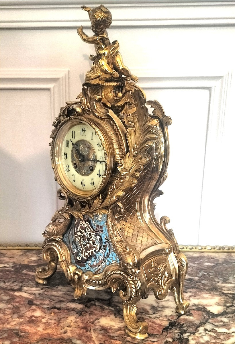 Rocaille Clock In Gilt Bronze And Cloisonné-photo-4