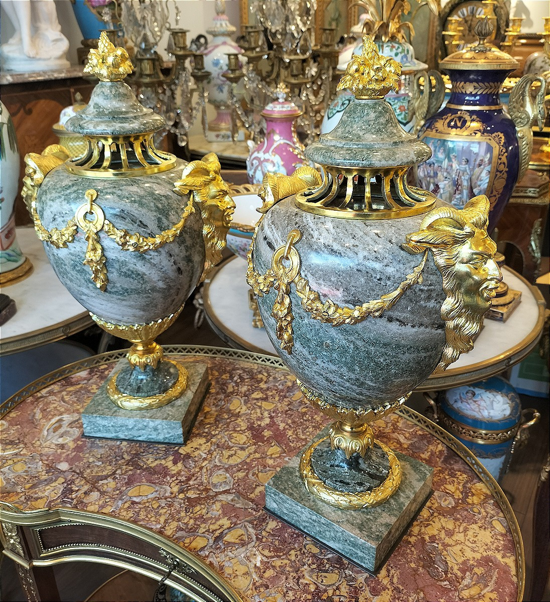 Pair Of Multicolored Green Granite And Gilt Bronze Cassolettes Late 19th Century-photo-3