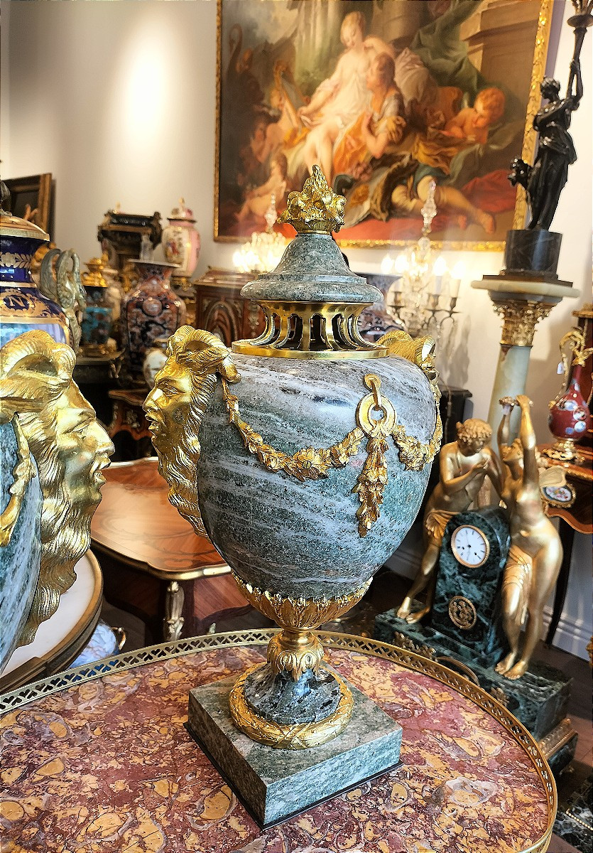 Pair Of Multicolored Green Granite And Gilt Bronze Cassolettes Late 19th Century-photo-1