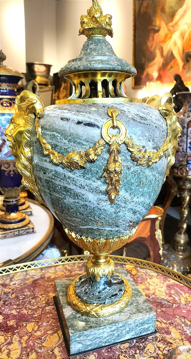 Pair Of Multicolored Green Granite And Gilt Bronze Cassolettes Late 19th Century-photo-2