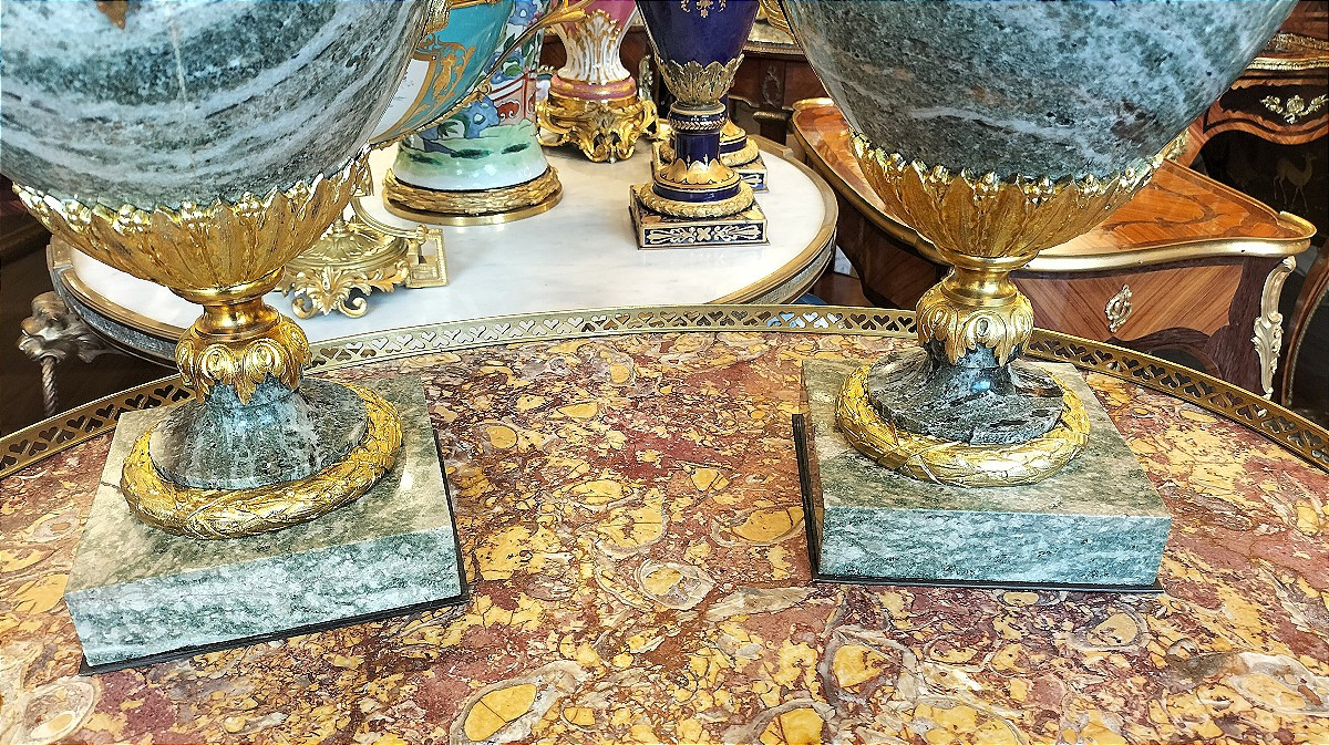 Pair Of Multicolored Green Granite And Gilt Bronze Cassolettes Late 19th Century-photo-3