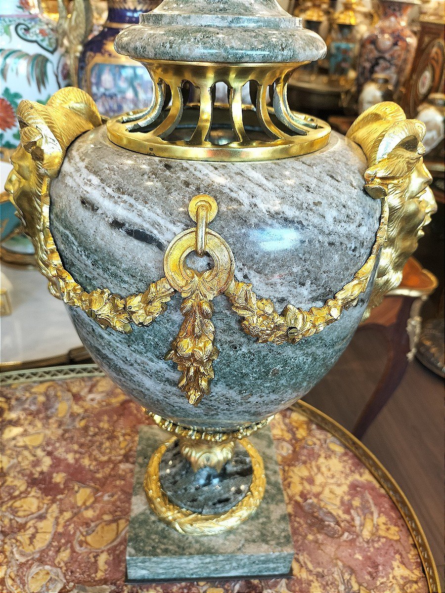 Pair Of Multicolored Green Granite And Gilt Bronze Cassolettes Late 19th Century-photo-4