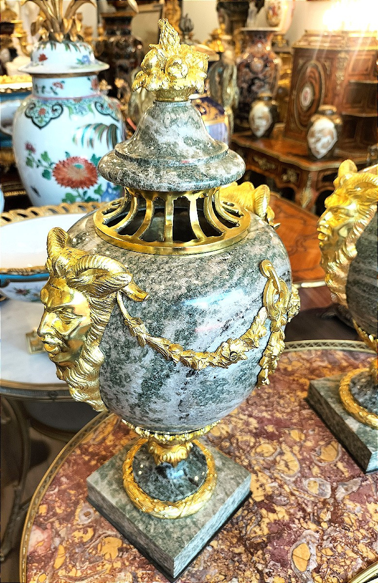 Pair Of Multicolored Green Granite And Gilt Bronze Cassolettes Late 19th Century-photo-5