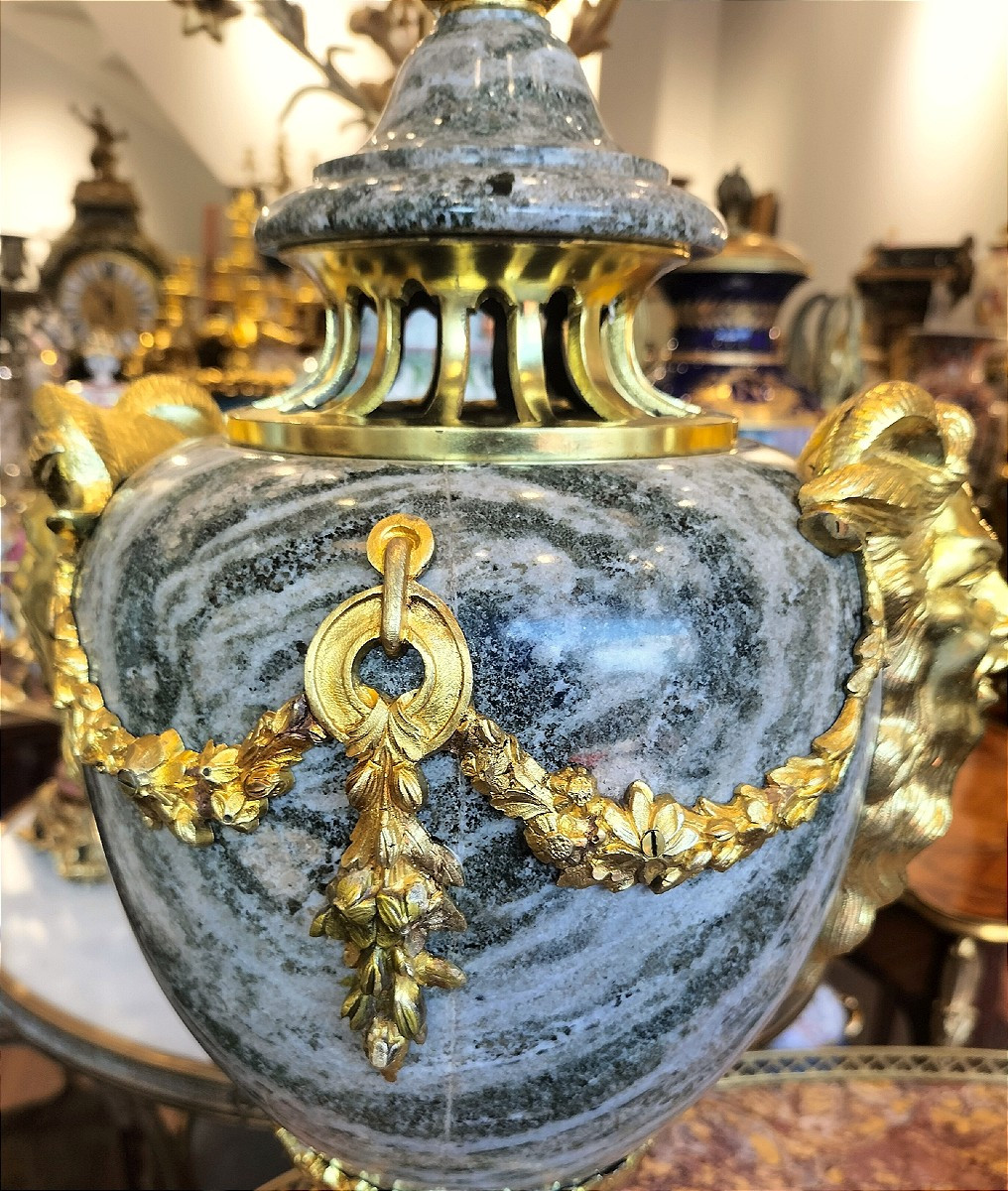 Pair Of Multicolored Green Granite And Gilt Bronze Cassolettes Late 19th Century-photo-7