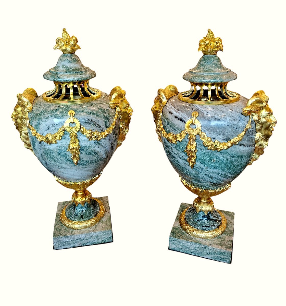 Pair Of Multicolored Green Granite And Gilt Bronze Cassolettes Late 19th Century