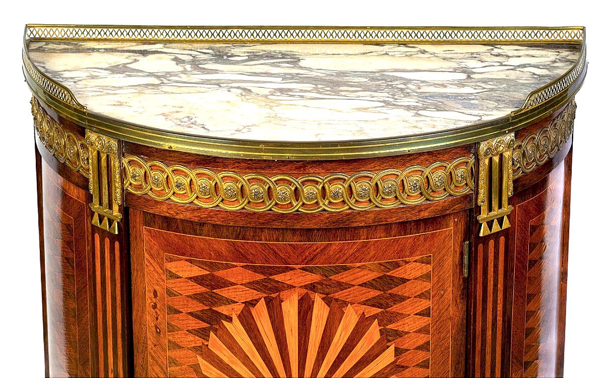 Petit meuble d'appoint demi lune en marqueterie et bronze doré début XXème siècle -photo-2