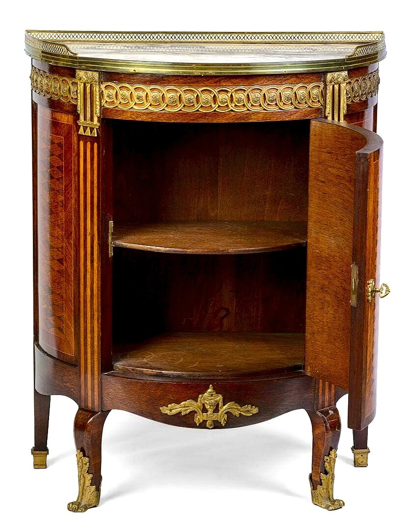 Petit meuble d'appoint demi lune en marqueterie et bronze doré début XXème siècle -photo-3