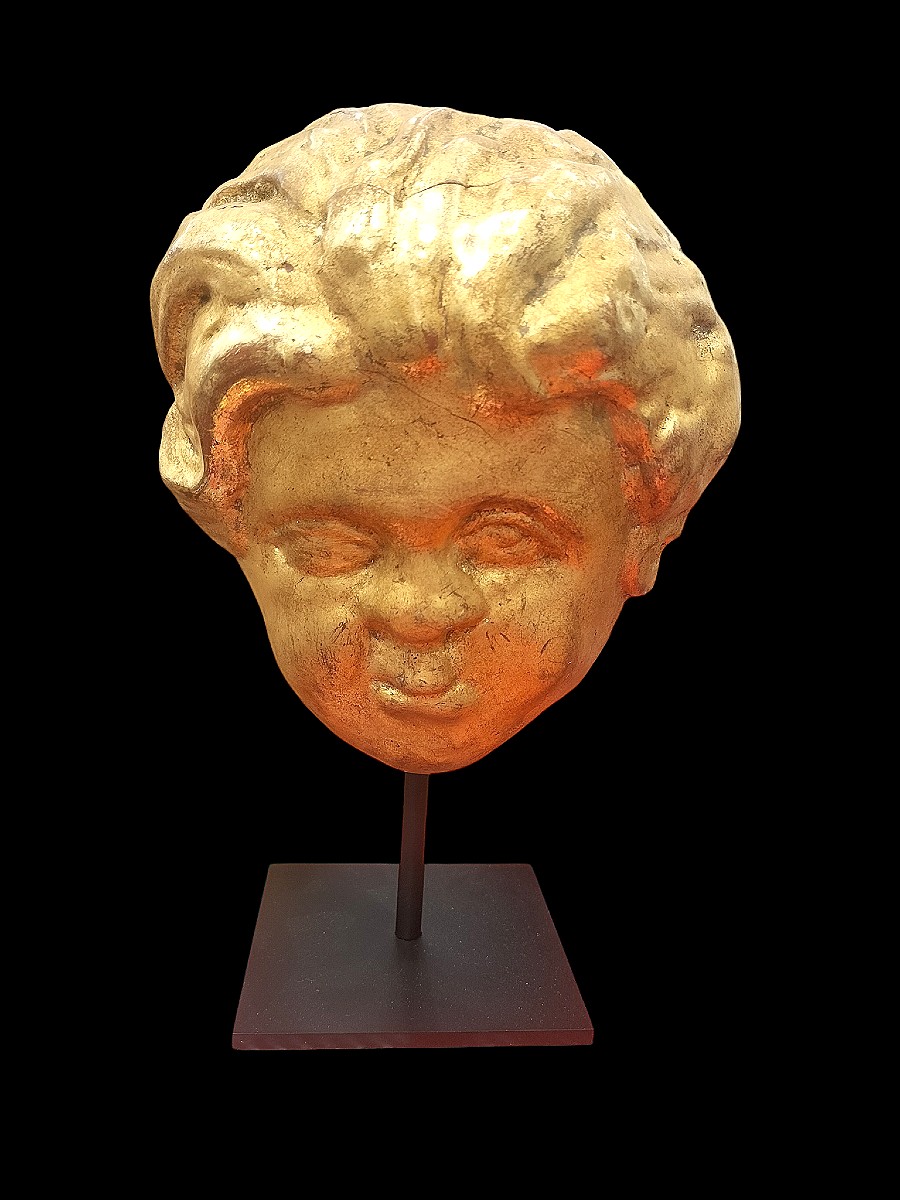 Baroque Gilded And Carved Wood Angel Head Italy 17th - 18th Century-photo-1